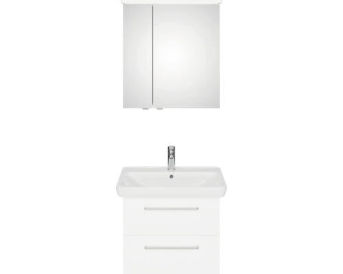 Weißer Waschtisch mit zwei Schubladen, Waschbecken und Spiegelschrank