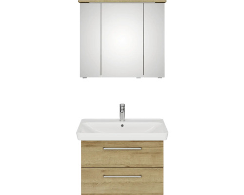 Badmöbel-Set Pelipal Sunline 105 BxHxT 80,5 x 200 x 48,5 cm Frontfarbe Eiche riviera mit Keramik-Waschtisch Waschtischunterschrank und Spiegelschrank mit LED-Beleuchtung