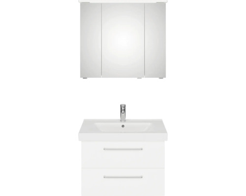 Weißer Waschtischunterschrank mit Waschbecken und Spiegelschrank für das Badezimmer.