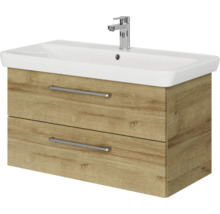 Badmöbel-Set Pelipal Sunline 105 BxHxT 96 x 56 x 48,5 cm Frontfarbe Eiche riviera mit Keramik-Waschtisch und Waschtischunterschrank