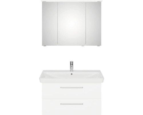 Weißer Waschtisch mit zwei Schubladen und Spiegelschrank mit drei Türen