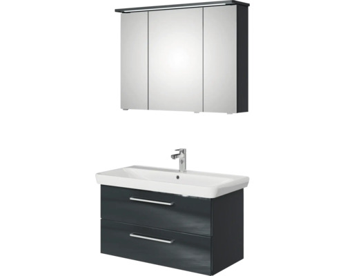 Badmöbel-Set Pelipal Sunline 105 BxHxT 96 x 200 x 48,5 cm Frontfarbe anthrazit mit Keramik-Waschtisch Waschtischunterschrank und Spiegelschrank mit LED-Beleuchtung Waschtischunterschrank mit Waschbecken und Spiegelschrank für das Badezimmer