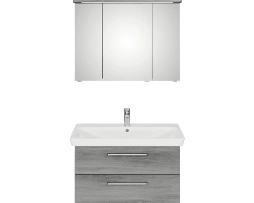 Waschtisch mit zwei Schubladen, Aufsatzwaschbecken und Spiegelschrank mit drei Türen