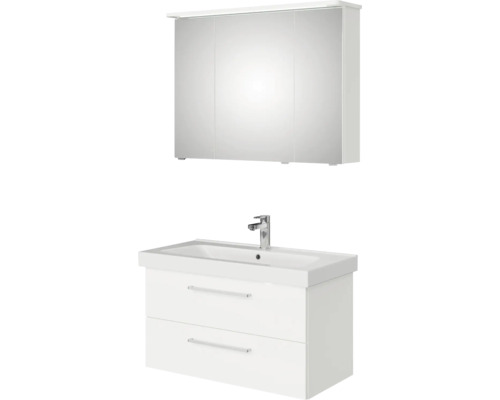 Waschbeckenunterschrank mit zwei Schubladen, Waschbecken und Spiegelschrank mit drei Türen für das Badezimmer.