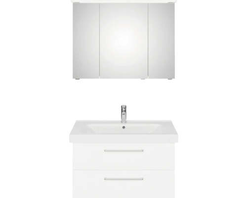 Badmöbel-Set Pelipal Sunline 105 BxHxT 95 x 200 x 46,5 cm Frontfarbe weiß hochglanz mit Keramik-Waschtisch Waschtischunterschrank und Spiegelschrank mit LED-Beleuchtung
