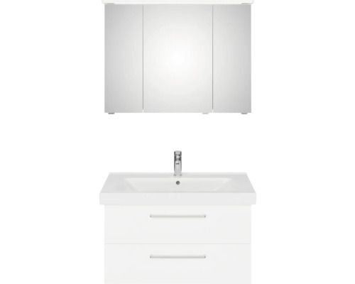 Badmöbel-Set Pelipal Sunline 105 BxHxT 95 x 200 x 46,5 cm Frontfarbe weiß hochglanz mit Keramik-Waschtisch Waschtischunterschrank und Spiegelschrank mit LED-Beleuchtung Weißer Waschtischunterschrank mit zwei Schubladen und Spiegelschrank