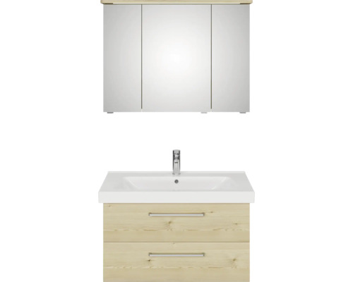 Badmöbel-Set Pelipal Sunline 105 BxHxT 95 x 200 x 46,5 cm Frontfarbe Polar Pinie mit Keramik-Waschtisch Waschtischunterschrank und Spiegelschrank mit LED-Beleuchtung