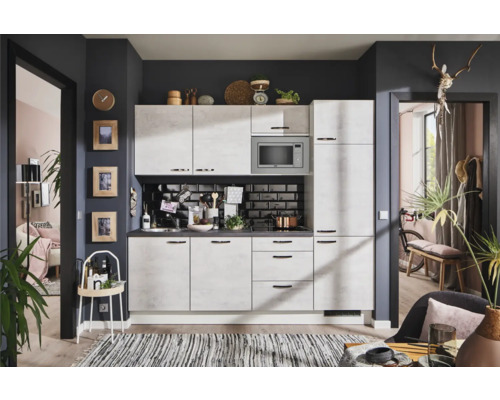 PICCANTE Plus Küchenzeile mit Geräten Casual 240 cm Frontfarbe beton weißgrau matt Korpusfarbe weiß montiert