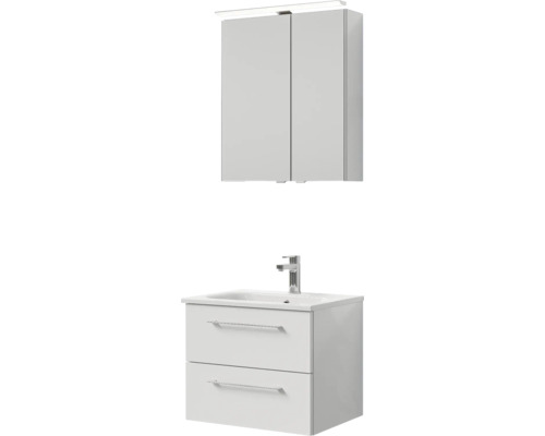 Waschtisch mit zwei Schubladen, Aufsatzwaschbecken und Spiegelschrank mit Beleuchtung für das Badezimmer