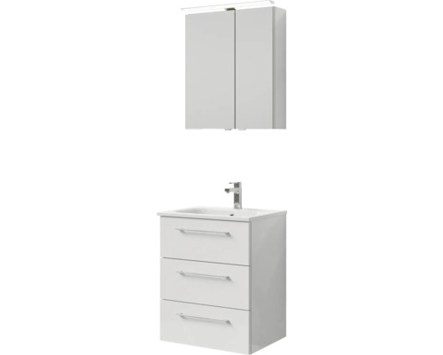 Badmöbel-Set Pelipal Sunline 121 BxHxT 61 x 200 x 46 cm Frontfarbe weiß hochglanz mit Mineralguss-Waschtisch Waschtischunterschrank 3 Schubkästen und Spiegelschrank mit LED-Beleuchtung Waschbeckenunterschrank mit drei Schubladen und Spiegelschrank mit Beleuchtung