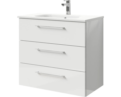 Badmöbel-Set Pelipal Sunline 121 BxHxT 81 x 74 x 46 cm Frontfarbe weiß hochglanz mit Mineralguss-Waschtisch und Waschtischunterschrank 3 Schubkästen Waschtischunterschrank mit drei Schubladen und Waschbecken