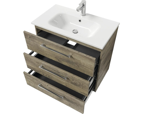 Waschtischunterschrank mit drei Schubladen, Waschbecken und Armatur