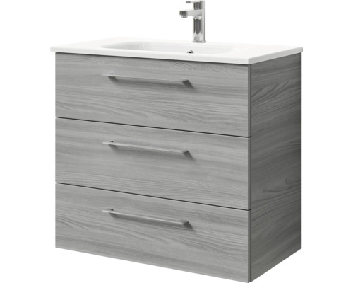 Badmöbel-Set Pelipal Sunline 121 BxHxT 81 x 74 x 46 cm Frontfarbe sangallo grau mit Mineralguss-Waschtisch und Waschtischunterschrank 3 Schubkästen Waschtischunterschrank mit drei Schubladen, Keramikwaschbecken und Armatur