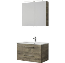 Badmöbel-Set Pelipal Sunline 121 BxHxT 81 x 200 x 46 cm Frontfarbe Eiche ribbeck mit Mineralguss-Waschtisch Waschtischunterschrank und Spiegelschrank mit LED-Beleuchtung