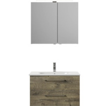 Badmöbel-Set Pelipal Sunline 121 BxHxT 81 x 200 x 46 cm Frontfarbe Eiche ribbeck mit Mineralguss-Waschtisch Waschtischunterschrank und Spiegelschrank mit LED-Beleuchtung