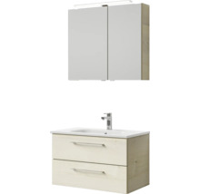Badmöbel-Set Pelipal Sunline 121 BxHxT 81 x 200 x 46 cm Frontfarbe Polar Pinie mit Mineralguss-Waschtisch Waschtischunterschrank und Spiegelschrank mit LED-Beleuchtung