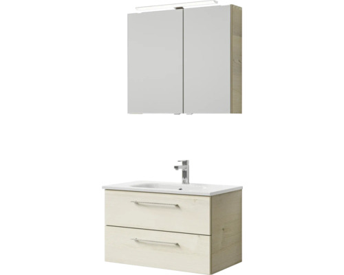 Badmöbel-Set Pelipal Sunline 121 BxHxT 81 x 200 x 46 cm Frontfarbe Polar Pinie mit Mineralguss-Waschtisch Waschtischunterschrank und Spiegelschrank mit LED-Beleuchtung Badezimmerset mit Spiegelschrank, Waschbecken und Unterschrank