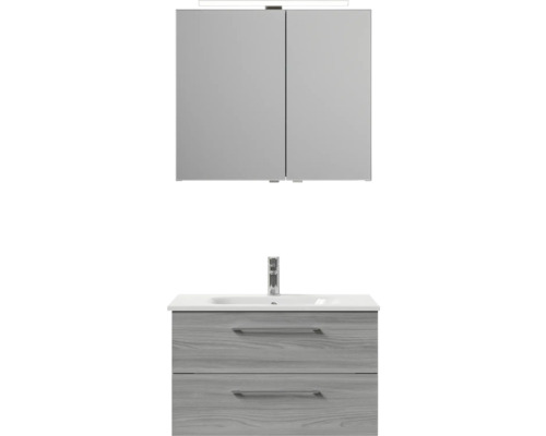 Waschtisch mit zwei Schubladen, Waschbecken und Spiegelschrank mit Beleuchtung