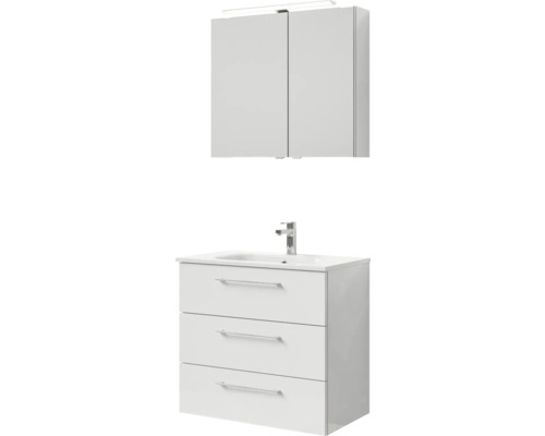 Badmöbel-Set Pelipal Sunline 121 BxHxT 81 x 200 x 46 cm Frontfarbe weiß hochglanz mit Mineralguss-Waschtisch Waschtischunterschrank 3 Schubkästen und Spiegelschrank mit LED-Beleuchtung Badezimmerset mit Waschbeckenunterschrank, drei Schubladen und Spiegelschrank mit Beleuchtung