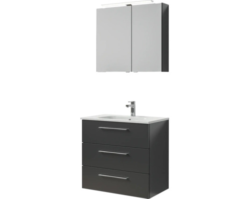 Badmöbel-Set Pelipal Sunline 121 BxHxT 81 x 200 x 46 cm Frontfarbe anthrazit mit Mineralguss-Waschtisch Waschtischunterschrank 3 Schubkästen und Spiegelschrank mit LED-Beleuchtung Badezimmerset mit Waschtischunterschrank, Waschbecken und Spiegelschrank