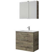 Badmöbel-Set Pelipal Sunline 121 BxHxT 81 x 200 x 46 cm Frontfarbe Eiche ribbeck mit Mineralguss-Waschtisch Waschtischunterschrank 3 Schubkästen und Spiegelschrank mit LED-Beleuchtung