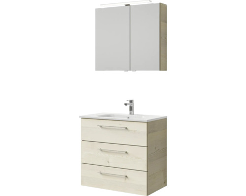 Badmöbel-Set Pelipal Sunline 121 BxHxT 81 x 200 x 46 cm Frontfarbe Polar Pinie mit Mineralguss-Waschtisch Waschtischunterschrank 3 Schubkästen und Spiegelschrank mit LED-Beleuchtung Badezimmermöbel-Set mit Waschbeckenunterschrank, Waschbecken und Spiegelschrank