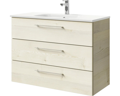 Badmöbel-Set Pelipal Sunline 121 BxHxT 101 x 74 x 46 cm Frontfarbe Polar Pinie mit Mineralguss-Waschtisch und Waschtischunterschrank 3 Schubkästen Waschtischunterschrank mit drei Schubladen, Waschbecken und Armatur