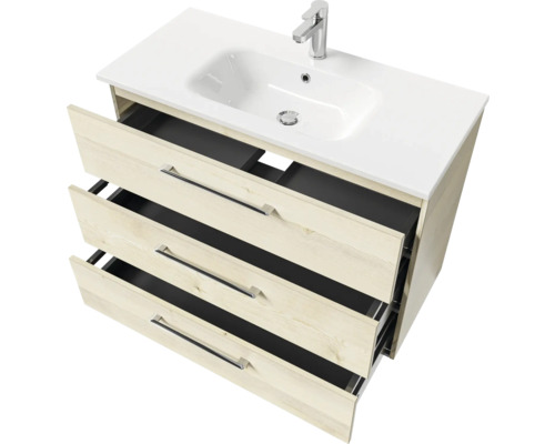 Waschtischunterschrank mit drei Schubladen, Waschbecken und Armatur