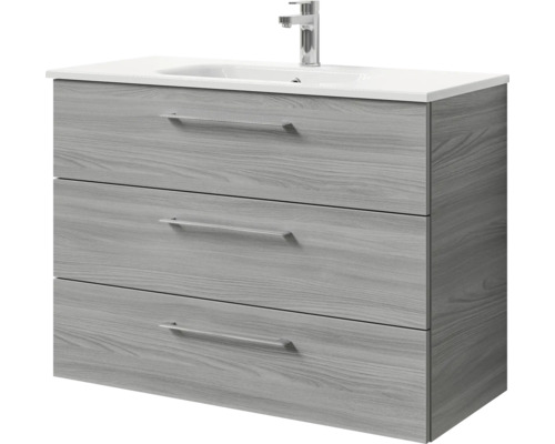 Badmöbel-Set Pelipal Sunline 121 BxHxT 101 x 74 x 46 cm Frontfarbe sangallo grau mit Mineralguss-Waschtisch und Waschtischunterschrank 3 Schubkästen Waschtischunterschrank mit drei Schubladen und Aufsatzwaschbecken