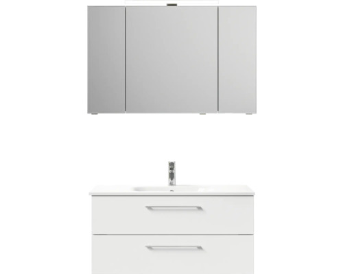 Badmöbel-Set Pelipal Sunline 121 BxHxT 110 x 200 x 46 cm Frontfarbe weiß hochglanz mit Mineralguss-Waschtisch Waschtischunterschrank und Spiegelschrank mit LED-Beleuchtung