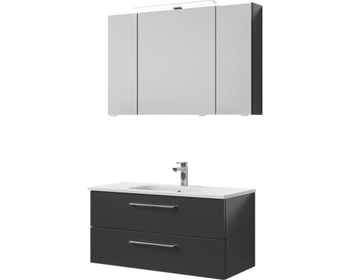 Badmöbel-Set Pelipal Sunline 121 BxHxT 110 x 200 x 46 cm Frontfarbe anthrazit mit Mineralguss-Waschtisch Waschtischunterschrank und Spiegelschrank mit LED-Beleuchtung Badezimmermöbel-Set mit Spiegelschrank, Waschtisch und Waschbecken