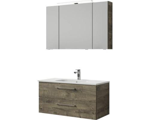 Badmöbel-Set Pelipal Sunline 121 BxHxT 110 x 200 x 46 cm Frontfarbe Eiche ribbeck mit Mineralguss-Waschtisch Waschtischunterschrank und Spiegelschrank mit LED-Beleuchtung Badezimmer-Set mit Spiegelschrank, Waschbecken und Unterschrank im Holzdekor