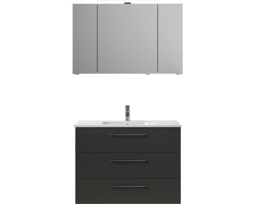 Badmöbel-Set Pelipal Sunline 121 BxHxT 110 x 200 x 46 cm Frontfarbe anthrazit mit Mineralguss-Waschtisch Waschtischunterschrank 3 Schubkästen und Spiegelschrank mit LED-Beleuchtung Waschtisch mit drei Schubladen, Aufsatzwaschbecken und Spiegelschrank für das Badezimmer