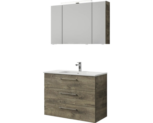 Badmöbel-Set Pelipal Sunline 121 BxHxT 110 x 200 x 46 cm Frontfarbe Eiche ribbeck mit Mineralguss-Waschtisch Waschtischunterschrank 3 Schubkästen und Spiegelschrank mit LED-Beleuchtung Badezimmermöbel-Set mit Waschbeckenunterschrank, drei Schubladen und Spiegelschrank mit drei Türen