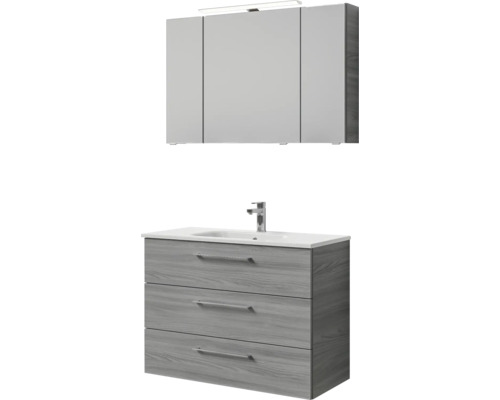 Waschtisch mit drei Schubladen, Waschbecken und Spiegelschrank mit Beleuchtung