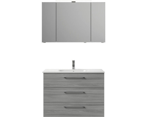 Badmöbel-Set Pelipal Sunline 121 BxHxT 110 x 200 x 46 cm Frontfarbe sangallo grau mit Mineralguss-Waschtisch Waschtischunterschrank 3 Schubkästen und Spiegelschrank mit LED-Beleuchtung