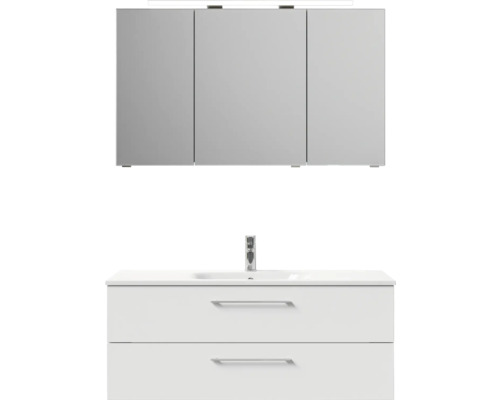 Badmöbel-Set Pelipal Sunline 121 BxHxT 121 x 200 x 46 cm Frontfarbe weiß hochglanz mit Mineralguss-Waschtisch Waschtischunterschrank und Spiegelschrank mit LED-Beleuchtung