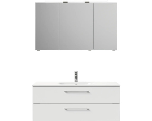 Badmöbel-Set Pelipal Sunline 121 BxHxT 121 x 200 x 46 cm Frontfarbe weiß hochglanz mit Mineralguss-Waschtisch Waschtischunterschrank und Spiegelschrank mit LED-Beleuchtung Waschtisch mit zwei Schubladen und Spiegelschrank mit drei Türen