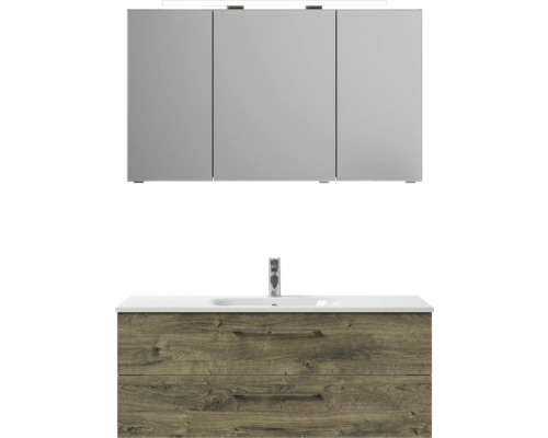 Badezimmermöbel-Set mit Waschbecken, Unterschrank mit zwei Schubladen und Spiegelschrank