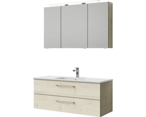Badmöbel-Set Pelipal Sunline 121 BxHxT 121 x 200 x 46 cm Frontfarbe Polar Pinie mit Mineralguss-Waschtisch Waschtischunterschrank und Spiegelschrank mit LED-Beleuchtung Badezimmerkombination mit Spiegelschrank, Waschbecken und Unterschrank