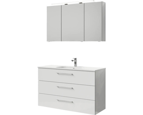 Waschtisch mit drei Schubladen und Spiegelschrank mit Beleuchtung für das Badezimmer