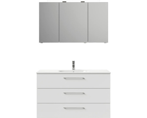 Badmöbel-Set Pelipal Sunline 121 BxHxT 121 x 200 x 46 cm Frontfarbe weiß hochglanz mit Mineralguss-Waschtisch Waschtischunterschrank 3 Schubkästen und Spiegelschrank mit LED-Beleuchtung Waschtisch mit drei Schubladen, Waschbecken und Spiegelschrank für das Badezimmer.