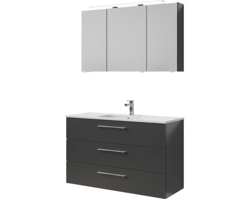 Badmöbel-Set Pelipal Sunline 121 BxHxT 121 x 200 x 46 cm Frontfarbe anthrazit mit Mineralguss-Waschtisch Waschtischunterschrank 3 Schubkästen und Spiegelschrank mit LED-Beleuchtung Waschtischunterschrank mit drei Schubladen, Waschbecken und Spiegelschrank mit drei Türen für das Badezimmer