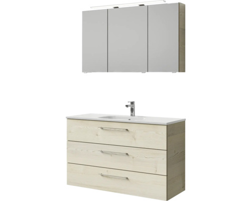 Badmöbel-Set Pelipal Sunline 121 BxHxT 121 x 200 x 46 cm Frontfarbe Polar Pinie mit Mineralguss-Waschtisch Waschtischunterschrank 3 Schubkästen und Spiegelschrank mit LED-Beleuchtung Waschtischunterschrank mit drei Schubladen, Aufsatzwaschbecken und Spiegelschrank mit Beleuchtung für das Badezimmer