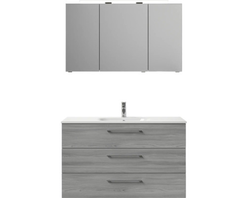 Badmöbel-Set Pelipal Sunline 121 BxHxT 121 x 200 x 46 cm Frontfarbe sangallo grau mit Mineralguss-Waschtisch Waschtischunterschrank 3 Schubkästen und Spiegelschrank mit LED-Beleuchtung Badezimmer Waschtischkombination mit drei Schubladen und Spiegelschrank