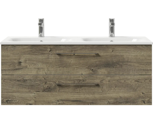 Waschtischunterschrank mit zwei Waschbecken und zwei Schubladen im Holzdekor