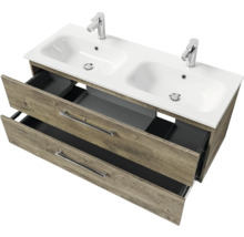 Waschtischunterschrank mit zwei Waschbecken und offenen Schubladen