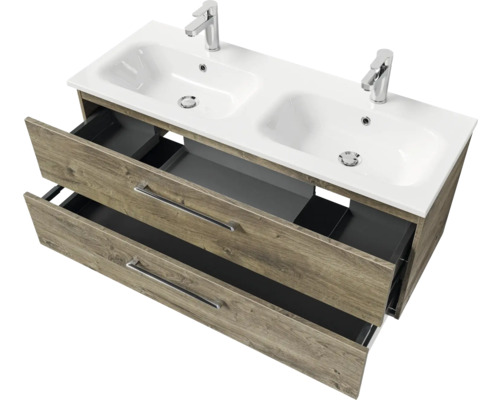 Waschtischunterschrank mit zwei Waschbecken und offenen Schubladen