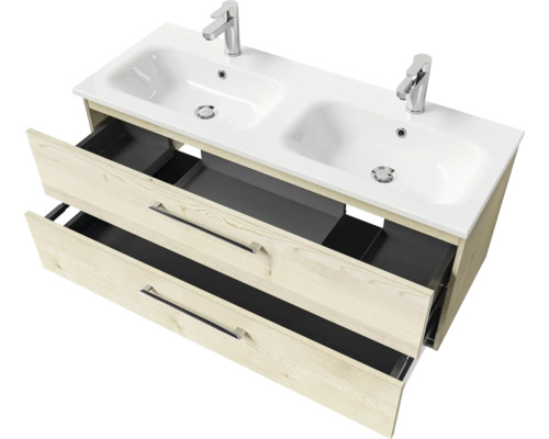 Waschtischunterschrank mit zwei Waschbecken und offenen Schubladen