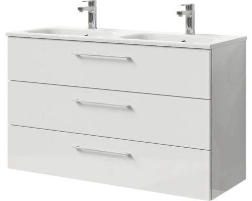 Badmöbel-Set Pelipal Sunline 121 BxHxT 121 x 74 x 46 cm Frontfarbe weiß hochglanz mit Mineralguss-Doppelwaschtisch und Waschtischunterschrank 3 Schubkästen Waschtischunterschrank mit drei Schubladen und zwei Waschbecken